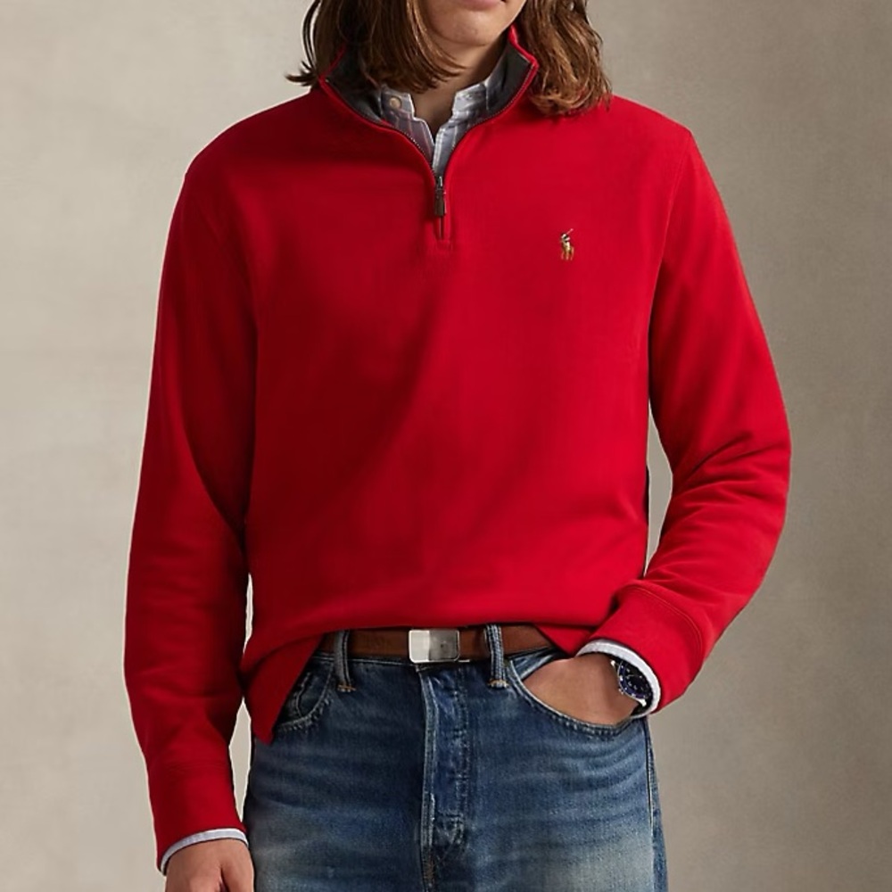Polo Ralph Lauren Men’s Red Cotton Estate Rib Quarter Zip Multicolor Pony Logo